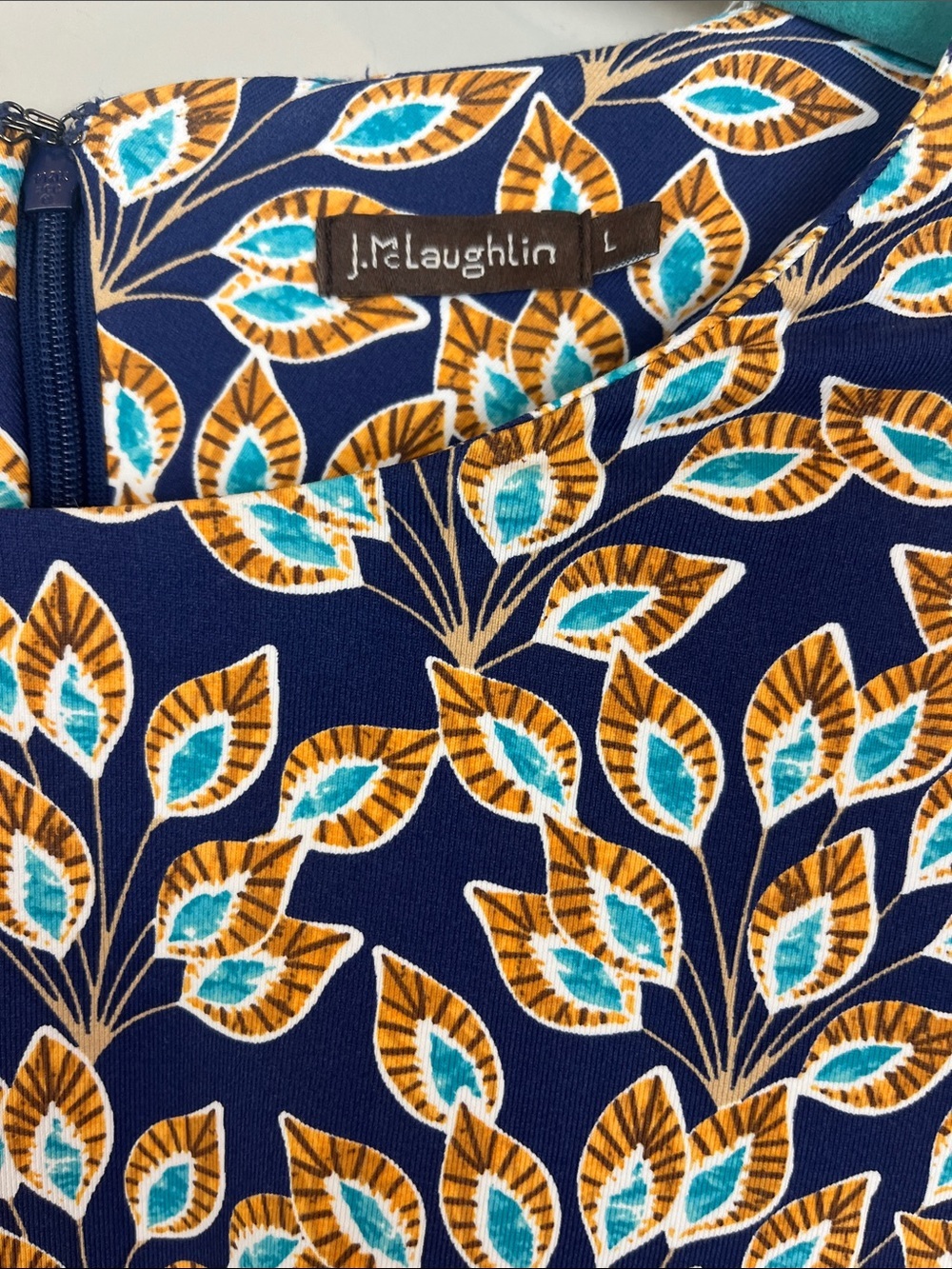 J. McLaughlin Catalina Cloth Sophia Peacock Feather Dress Size Large Navy - Picture 5 of 11